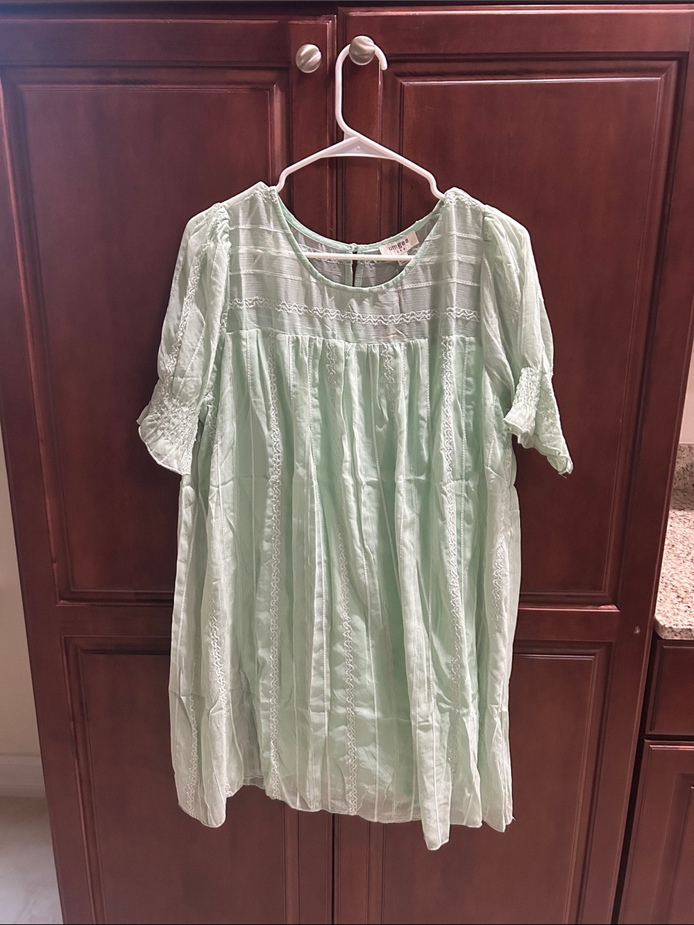 Umgee Light Mint Lace-Trim Dress with Smocked Sleeves